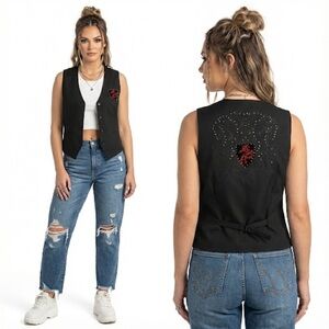 Pannocito Western Embroidered Vest Velvet Crest Rhinestone Black Size M